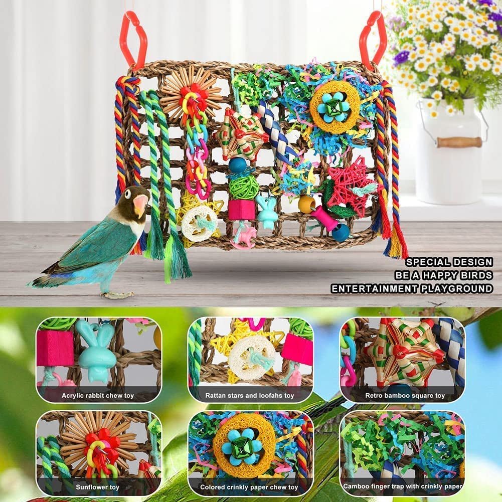 Bird Foraging Toy, Bird Foraging Shredding Seagrass Wall with Various Toys for Birds - Quill & Roost