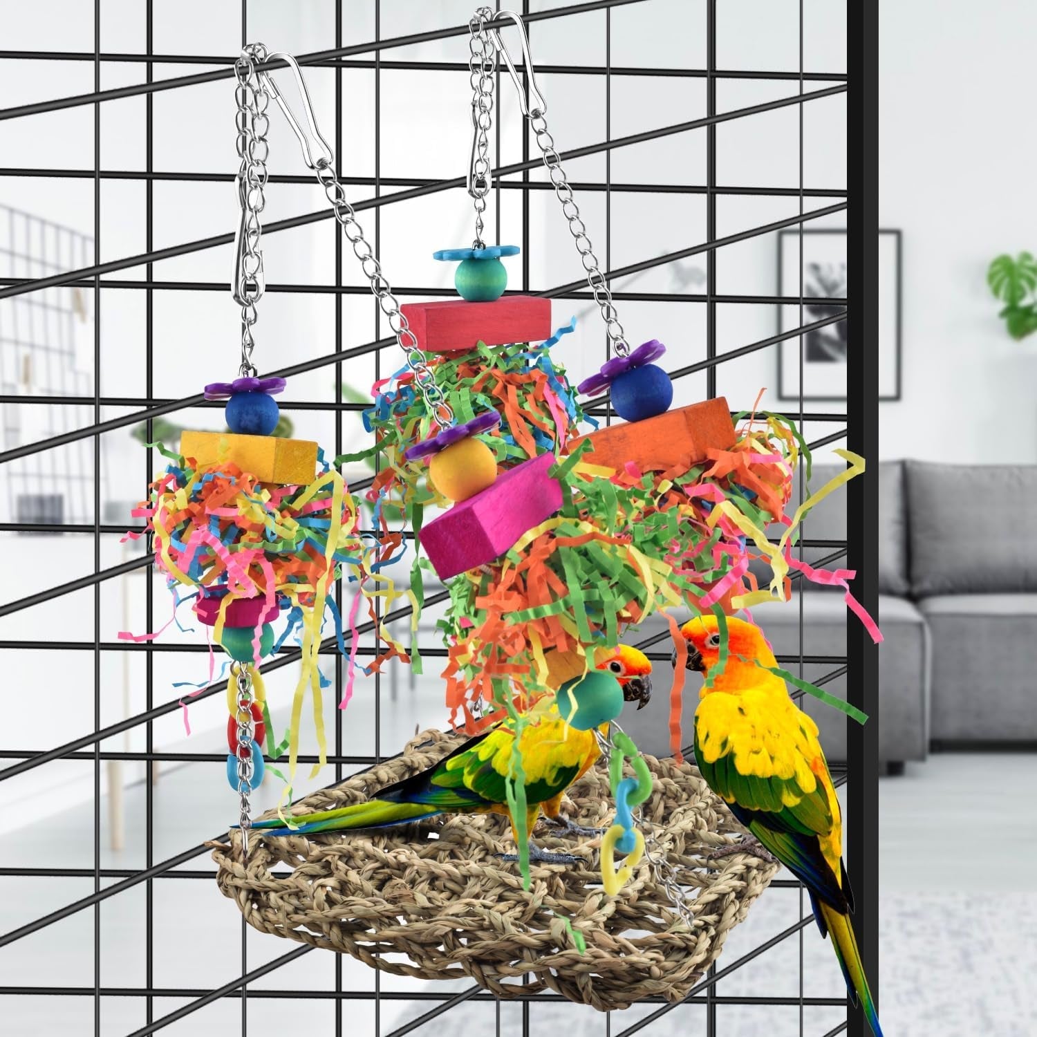 Conure Toys, Bird Grass Swing Mat Parrot Climbing Hammock with Colorful Toys for Small Birds - Quill & Roost